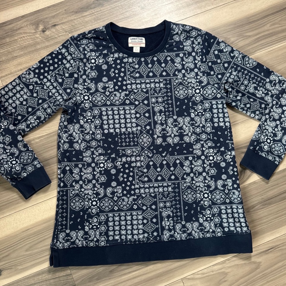 Lands End Serious Sweats Navy Blue Bandana Patchwork Paisley Sweatshirt L 14-16